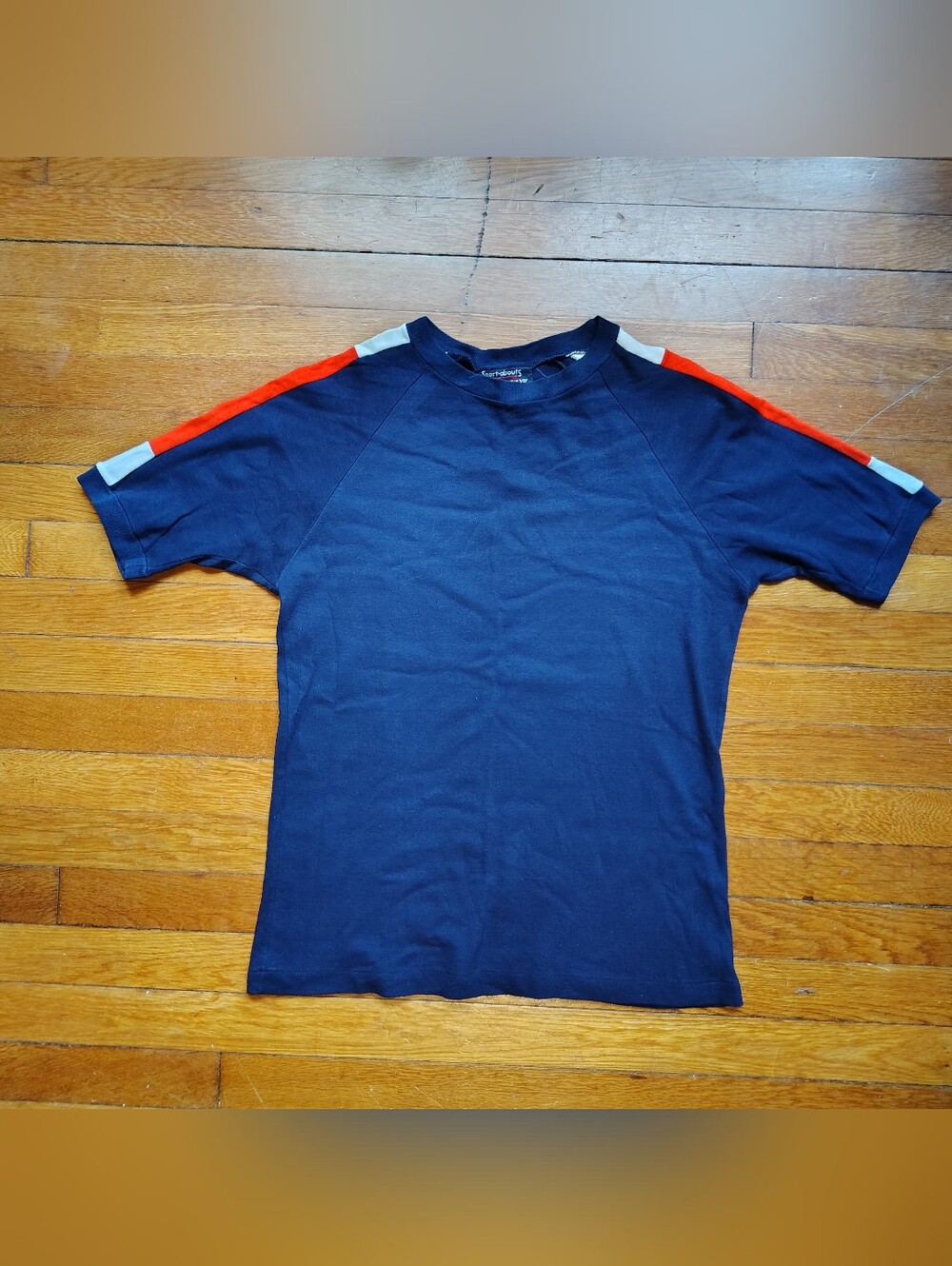 Vintage 80s Tee Mens Medium Navy Blue With Red White Stripes 100 Cotton T-Shirt